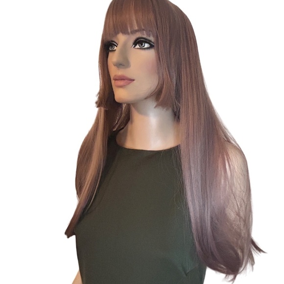 Long 22" Synthetic Wig Princess Cut w/ Bangs Dusty Pink Natural Everyday NIP - Picture 4 of 11